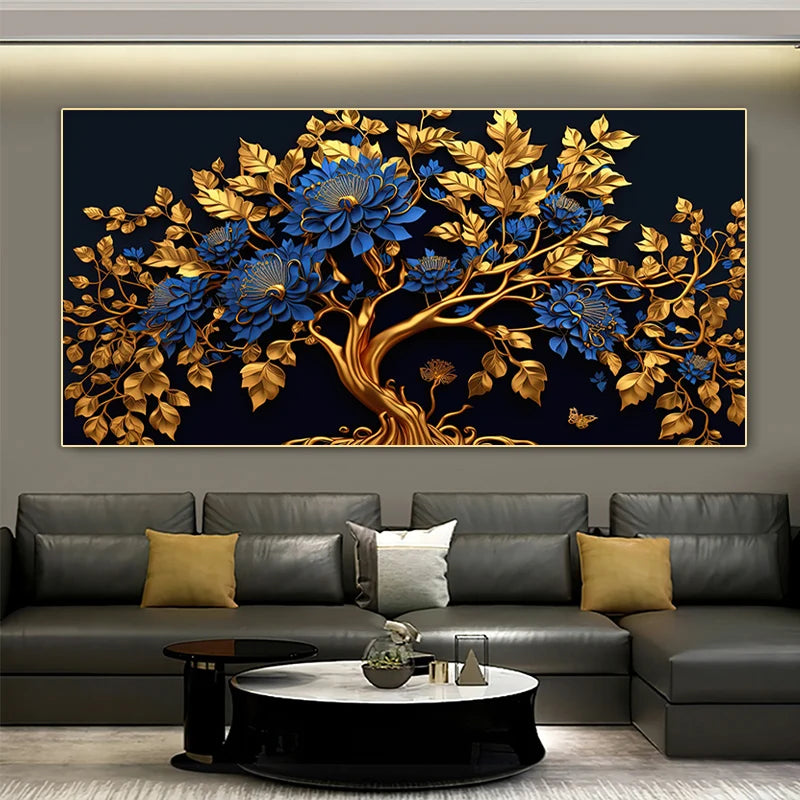 Gold and Blue Tree and Flower Wall Art