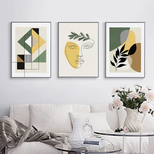 Boho Abstract Geometric Line Beige Green Nordic Wall Art