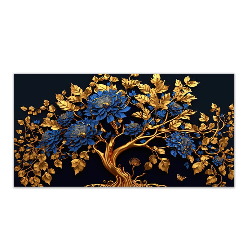 Gold and Blue Tree and Flower Wall Art