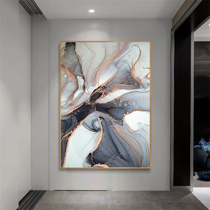 Golden Swirls Modern Grey White Canvas Wall Art